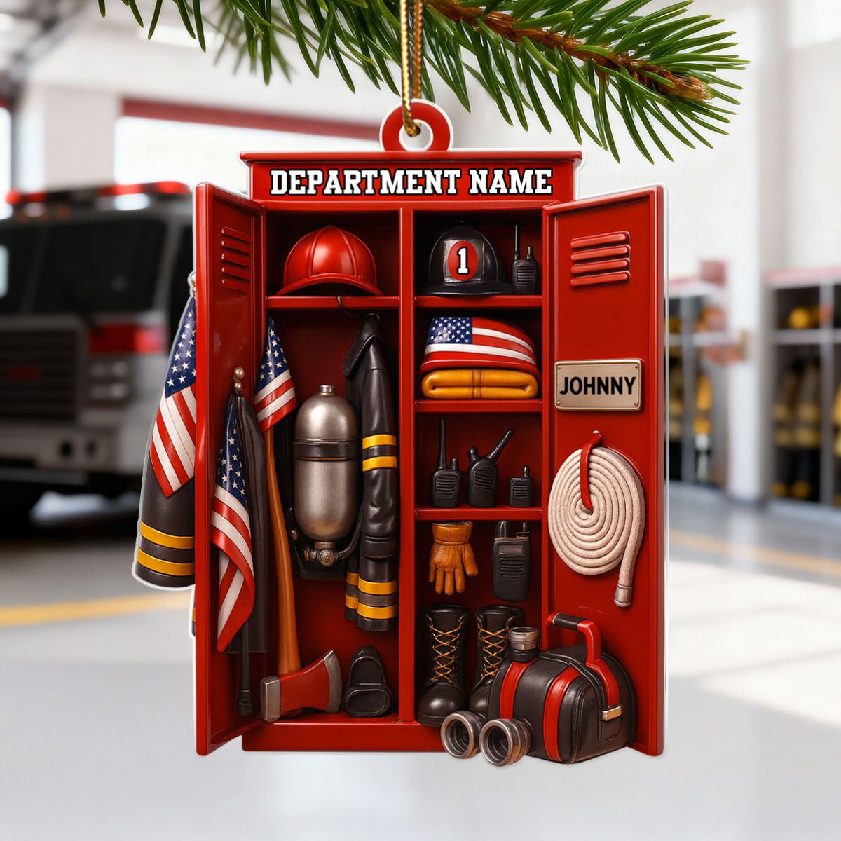 Custom Name & Department Firefighter Locker – Personalized Acrylic Ornament – Christmas Tree Decor for Firemen or First Responders