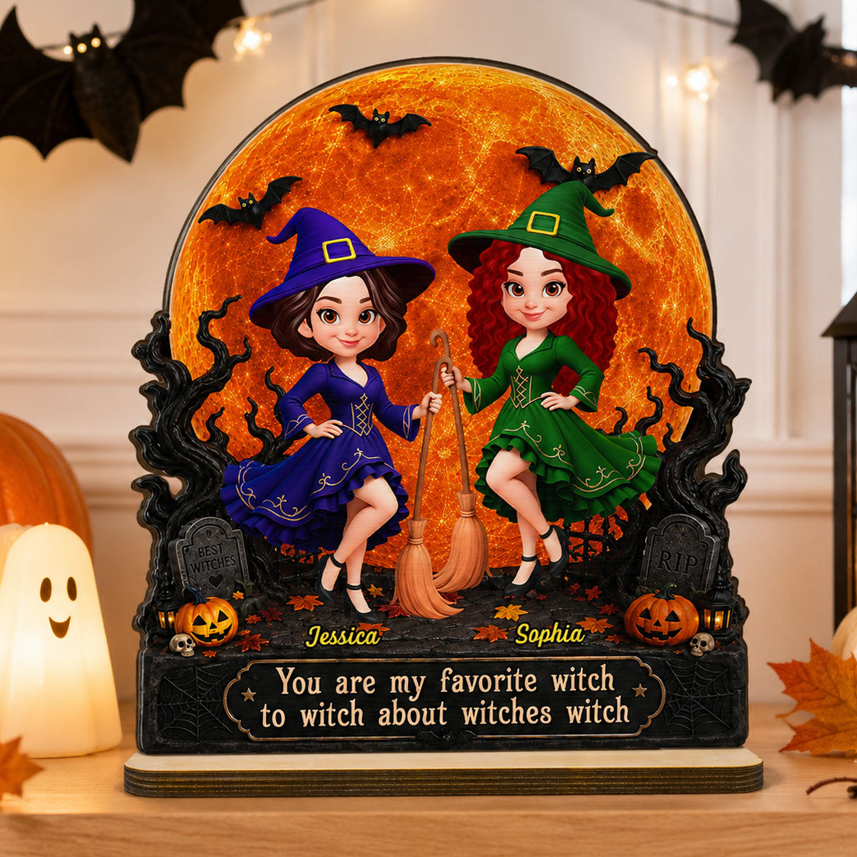Halloween Witches Besties Moon Light - Personalized 2-Layered Wooden Plaque - Halloween Gift For Best Friends