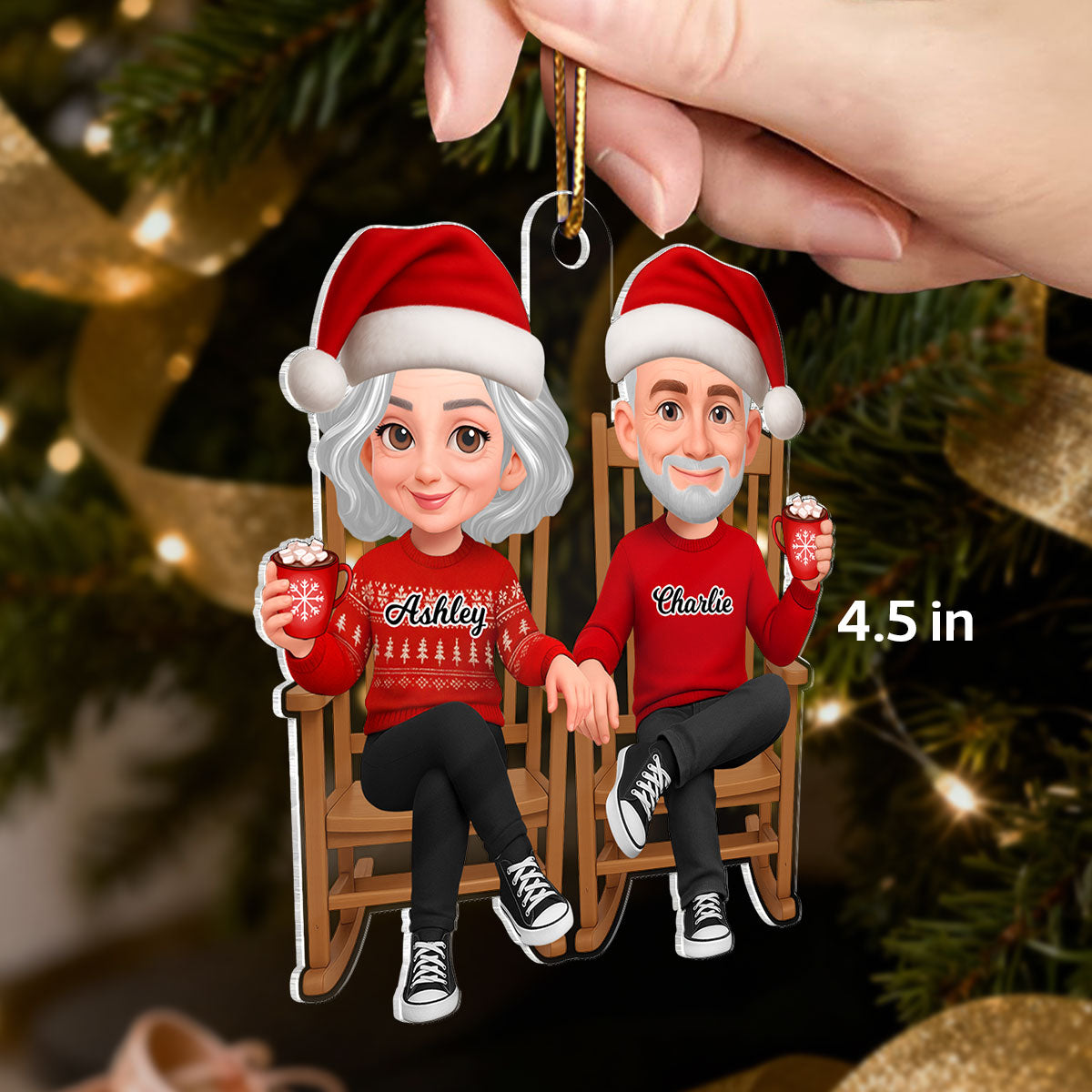 3D Effect Christmas Couple Sitting On Rocking Chair - Personalized Acrylic Ornament - Heartfelt Gift For Couple