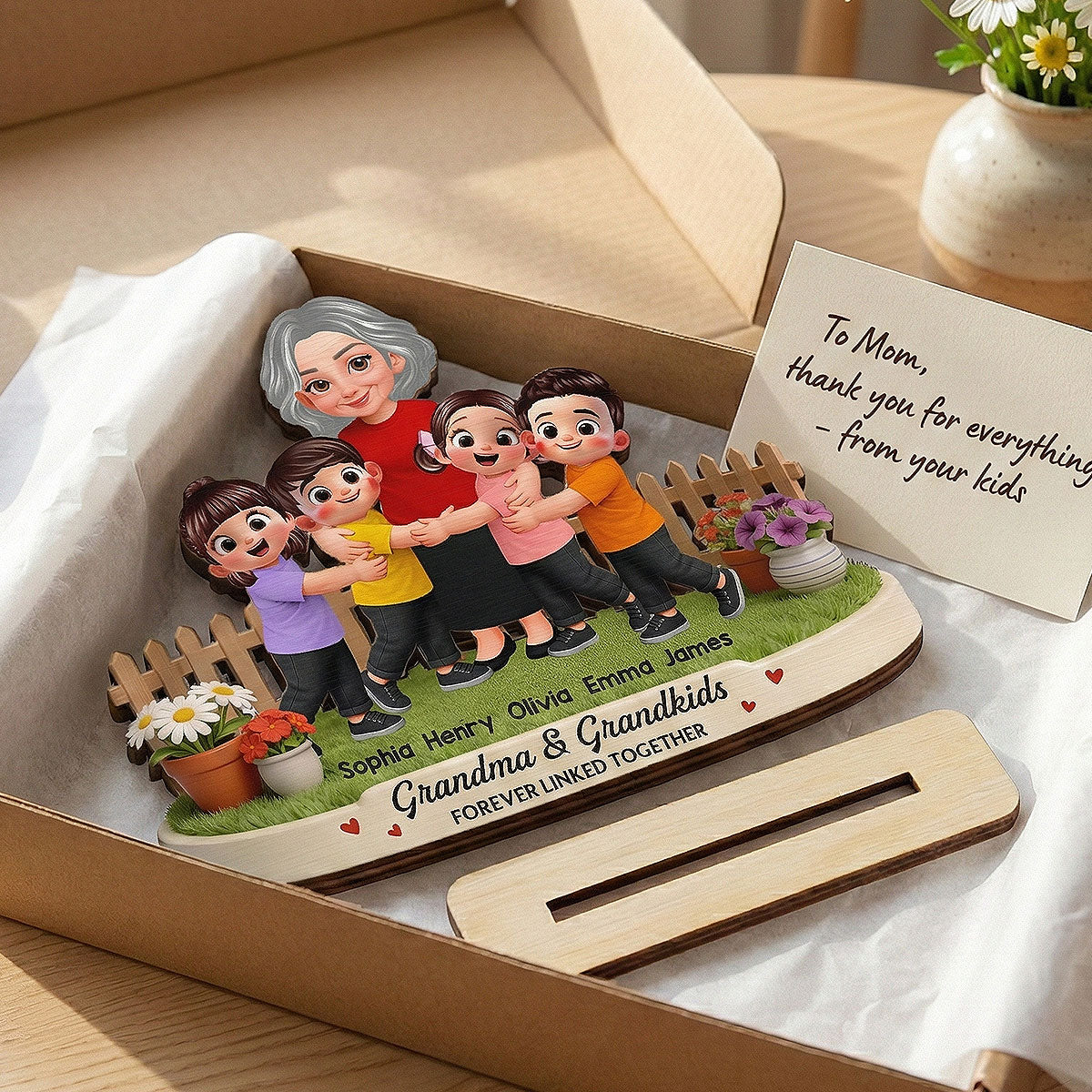 Grandma And Grandkids Happy Together In Backyard - Personalized 2-Layered Wooden Plaque - Gift For Grandma