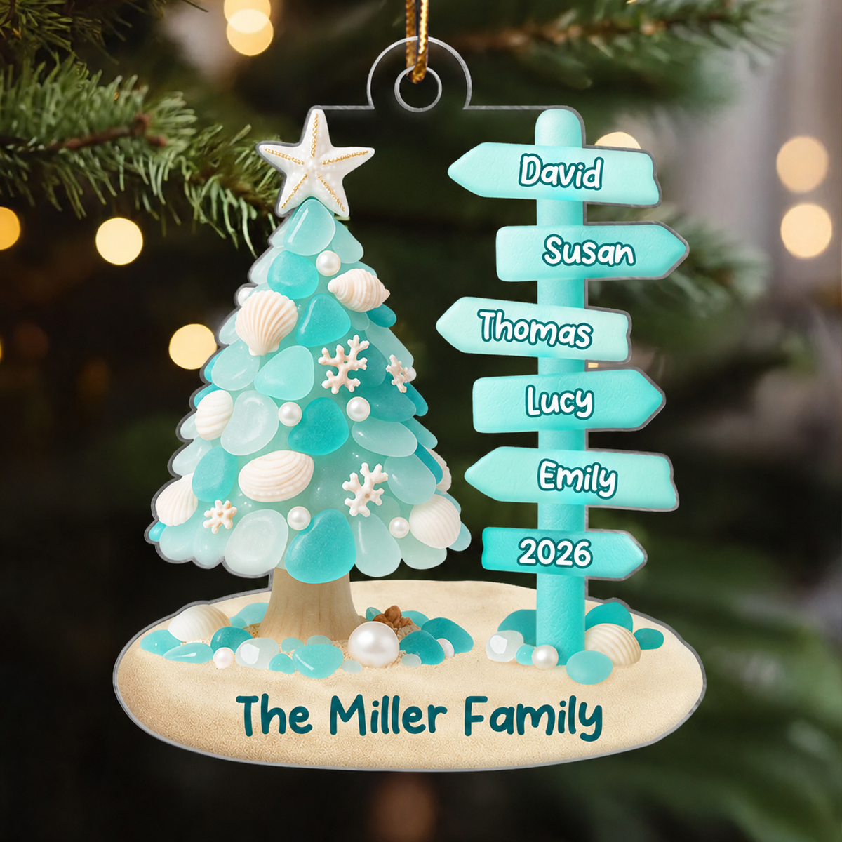 Family Direction Sign Post Sea Glass Pattern - Personalized Acrylic ornament - Christmas Gift for Family, for Her, for Him