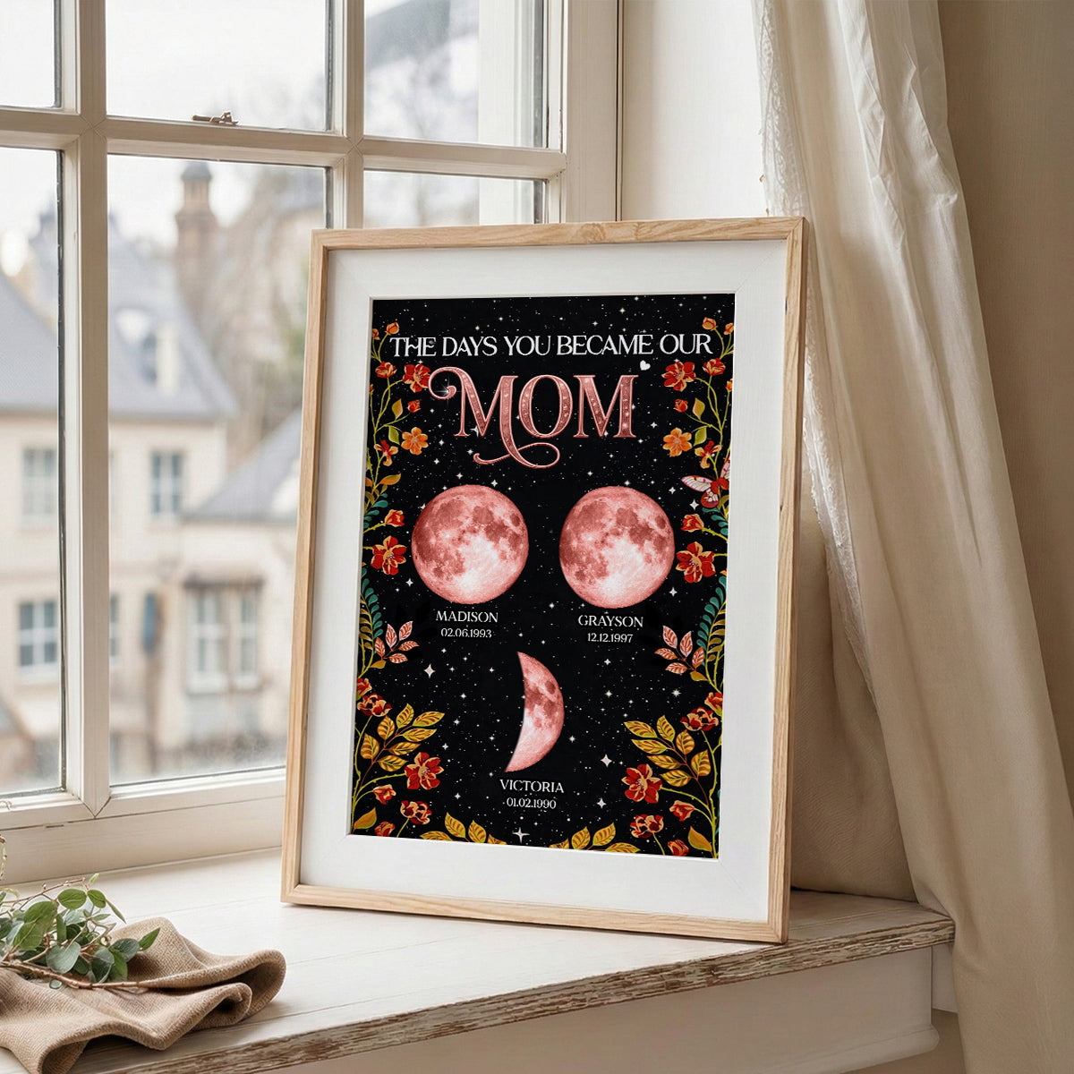 Floral Theme The Day You Became Mom Grandma Custom Birth Moon Phase - Personalized Poster - Mother's Day Gift For Mom, Grandma