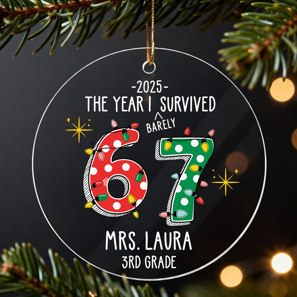 The Year I Barely Survive 67 - Personalized Acrylic Ornament - 2025 Slang, Funny Gift For Teacher