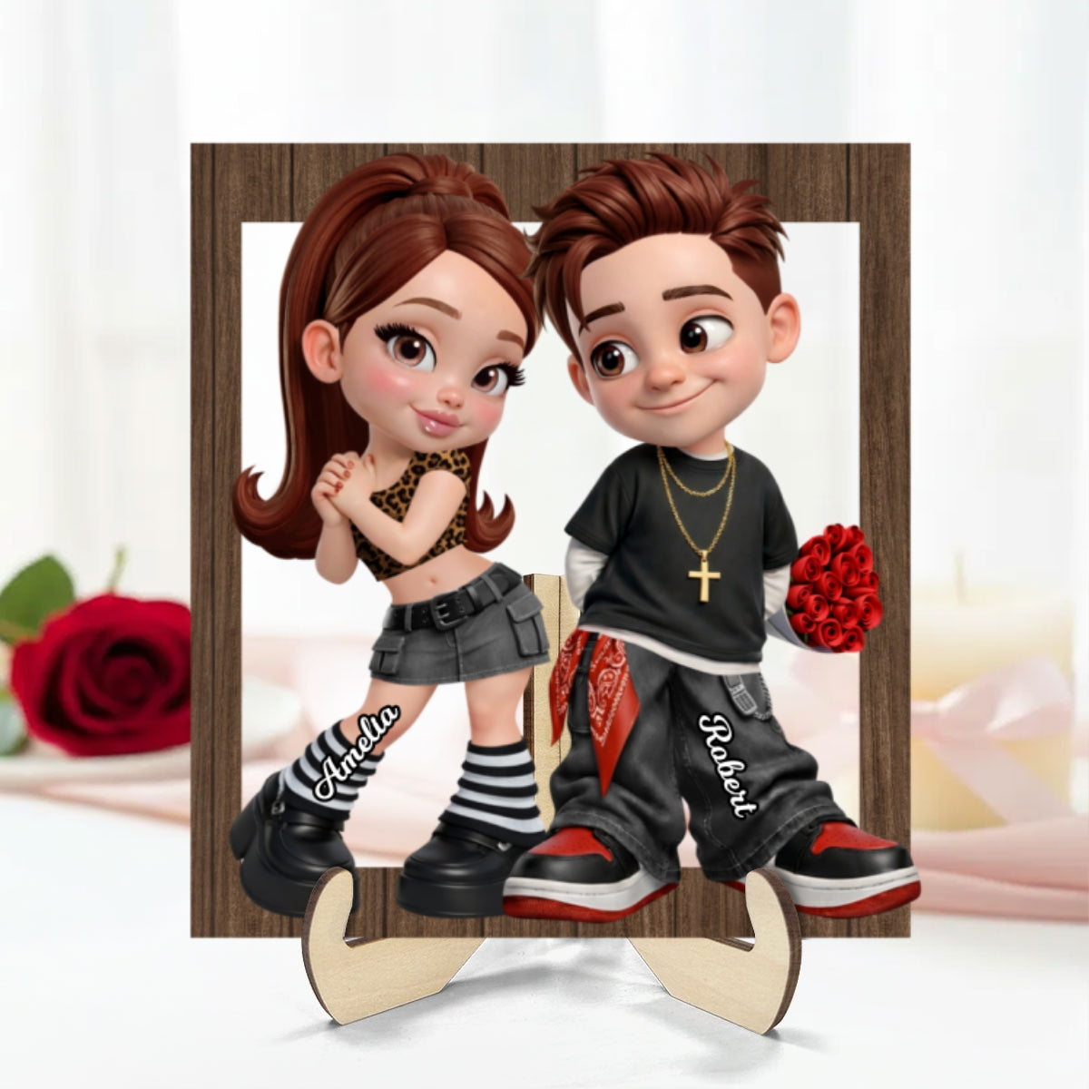 Trendy Y2K Couple Frame - Personalized 2-Layered Wooden Plaque - Heartfelt Valentine's Day Gift For Him, Gift For Her