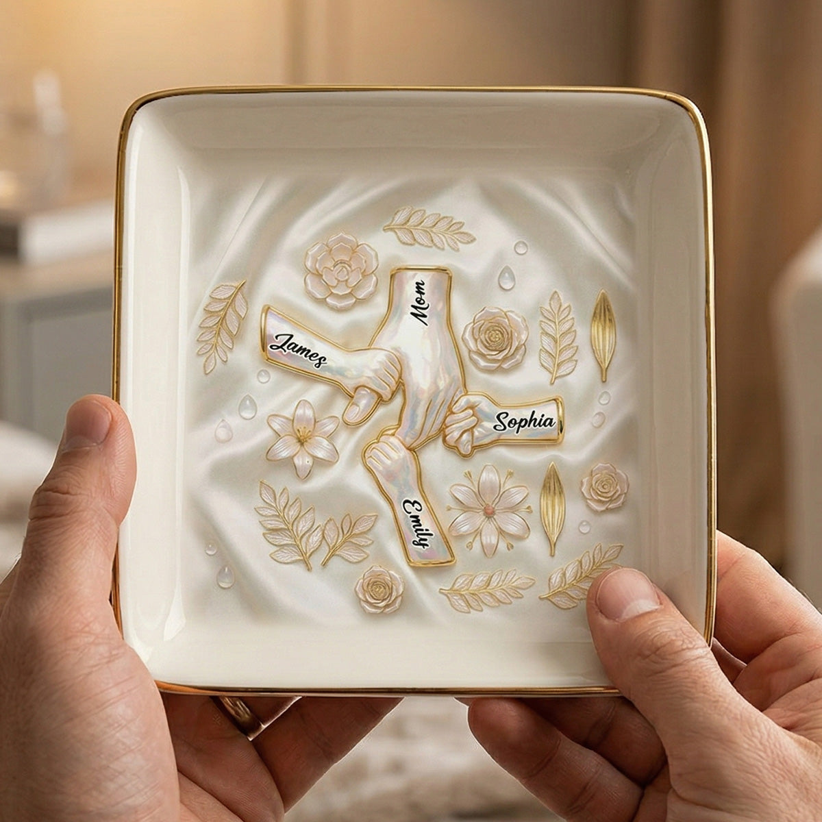 Kids Holding Mom Grandma Hand 2D Printed - Personalized Jewelry Dish - Mother's Day Gift For Mom, Grandma