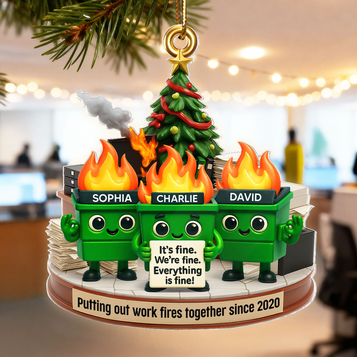 Funny Dumpster Fire Office Chaos Background - Personalized Acrylic Ornament - Funny Christmas Gift, White Elephant Gift for Coworkers