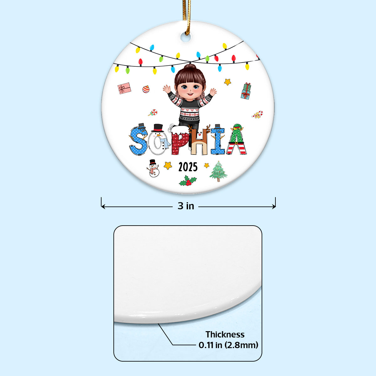 Christmas Theme Cute Doll Kid Name - Personalized Ceramic Ornament - Gift For Grandchildren, Boy, Girl