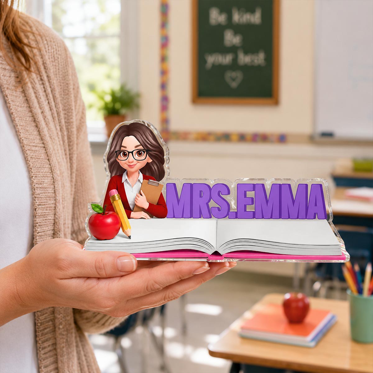 Open Book Teacher 2D Flat - Personalized Acrylic Block - Desk Name Back To School