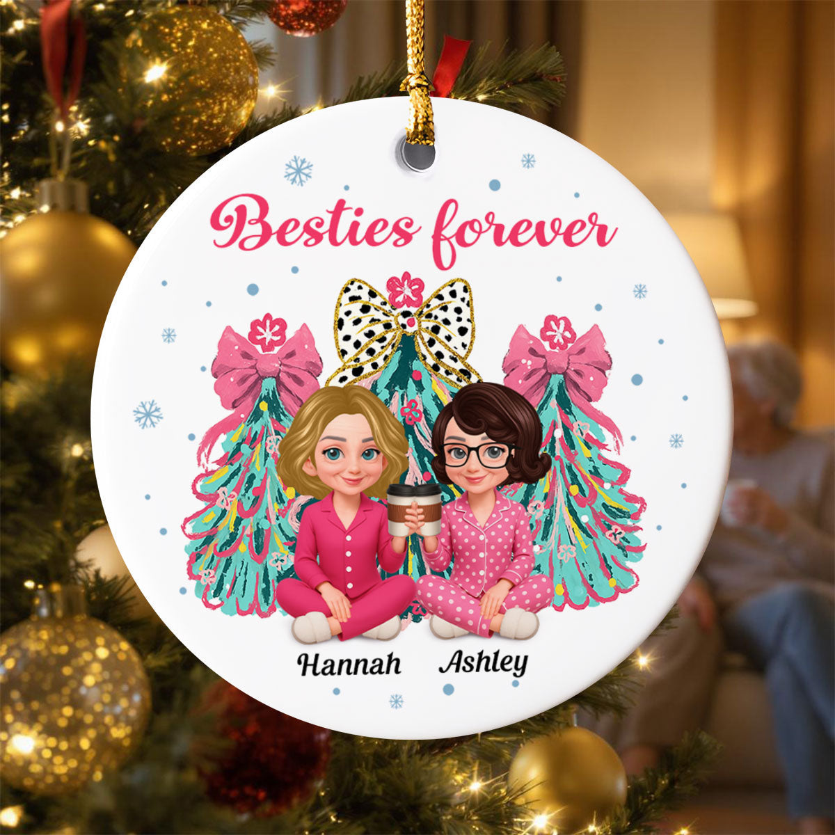 Pink Theme Coquette Christmas Tree Besties Forever - Personalized Ceramic Ornament - Christmas Gift For Best Friends
