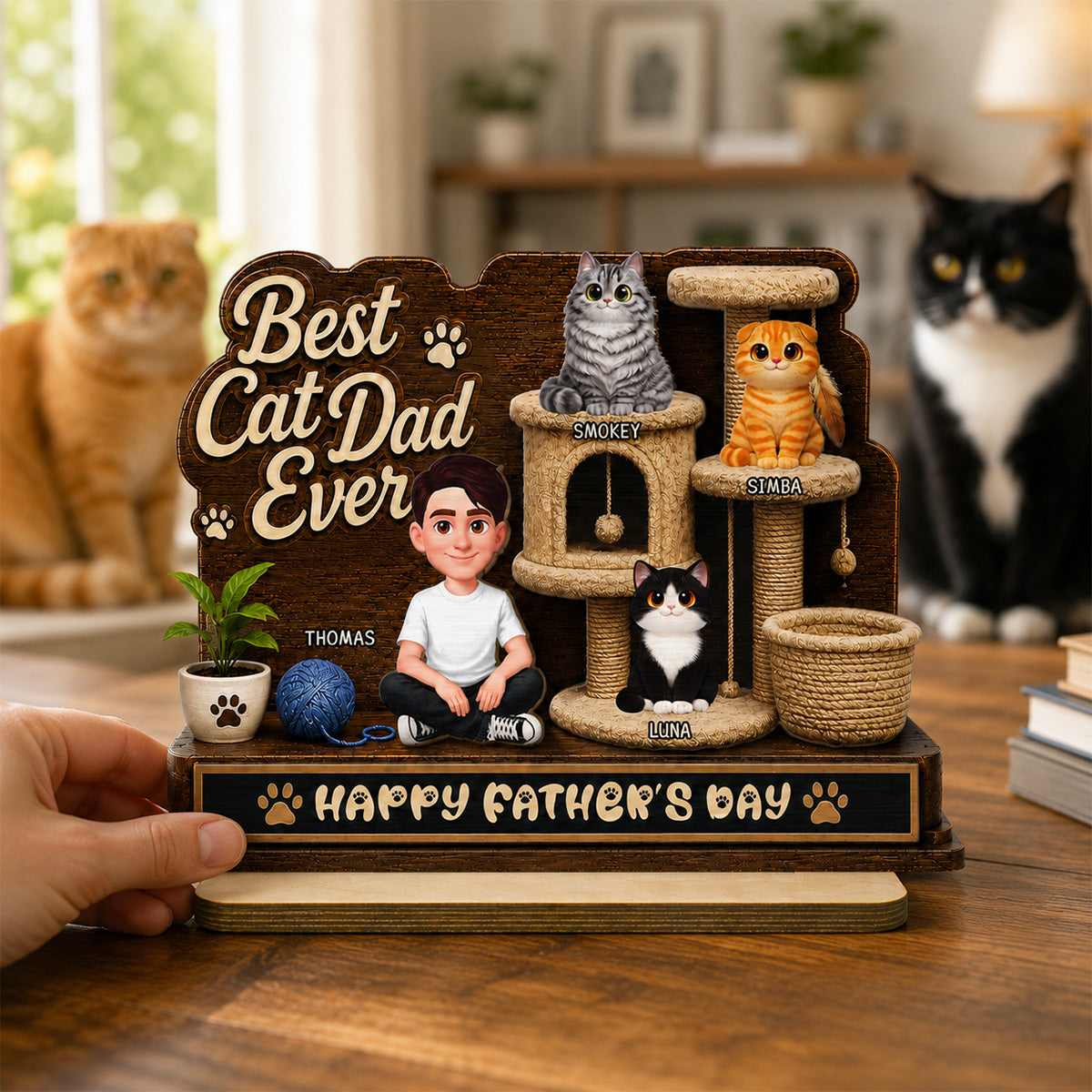 Best Cat Dad Ever Man Sitting Cute Cats On Cat Tree 2D Flat - Personalized 2-Layered Wooden Plaque -  Gift For Cat Dad