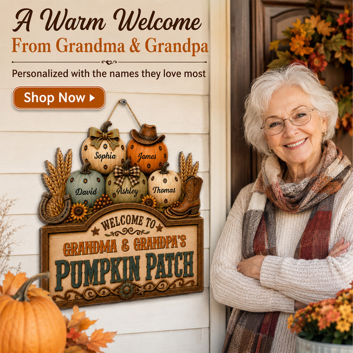 Western Vibe Welcome To Grandma Grandpa Pumpkin Patch 2D Flat - Personalized Wood Sign