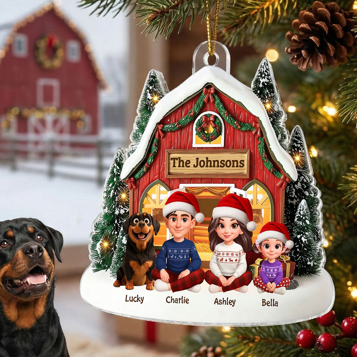 3D Effect Christmas Barn House Family Sitting Together - Personalized Acrylic Ornament