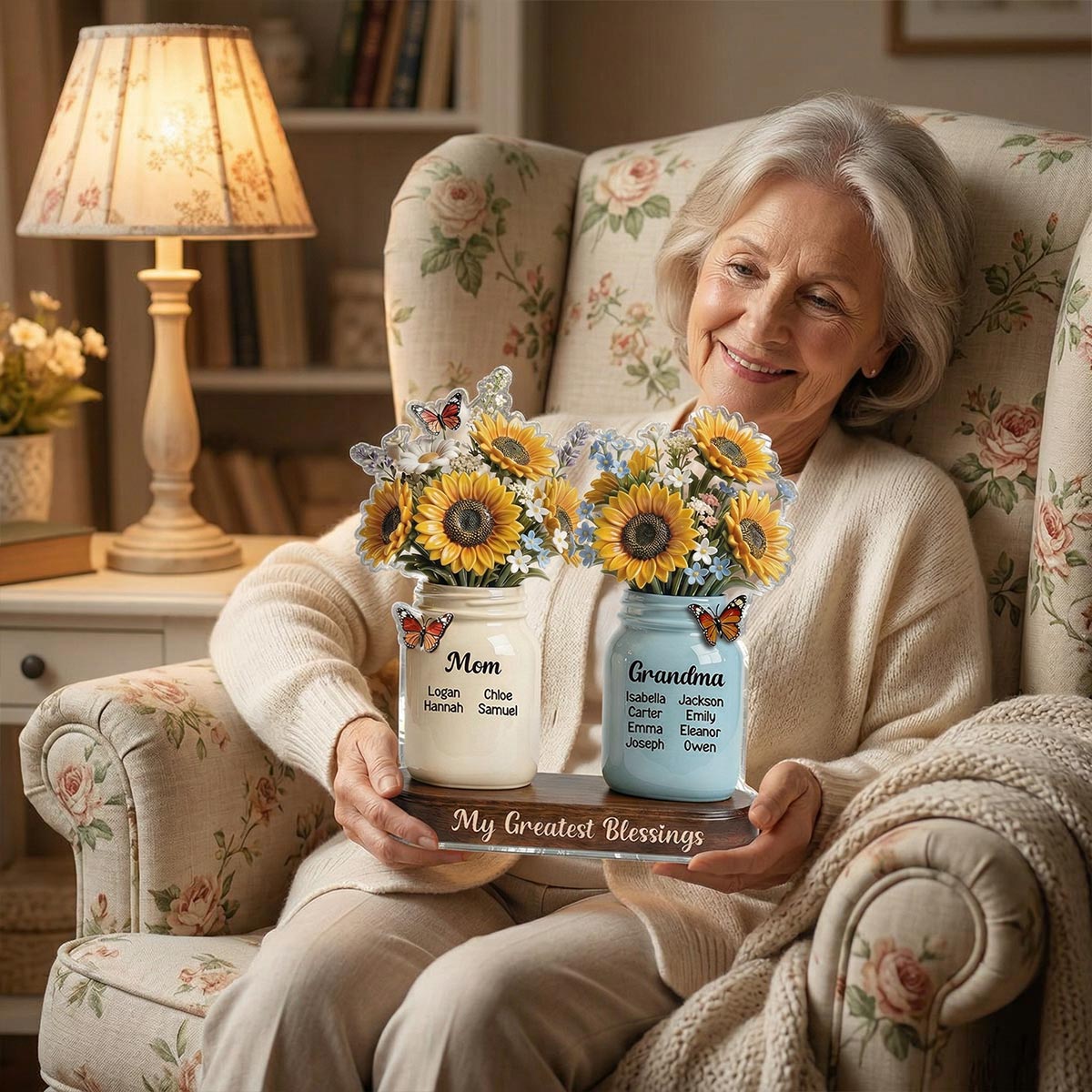 Mom Grandma Sunflowers Jars Custom Names 2D Flat - Personalized Acrylic Block Plaque - Mother's Day Gift For Grandma