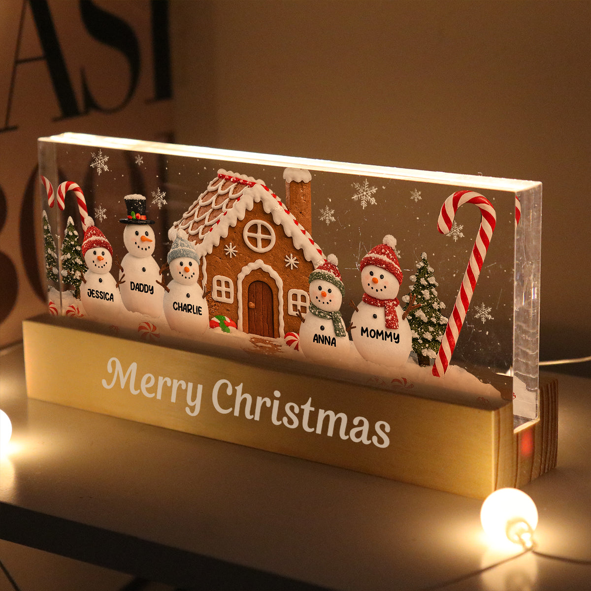 3D Effect Snowman Family Grandparents In Snow - Personalized Acrylic Block LED Night Light - Christmas Decor For Grandma, Family