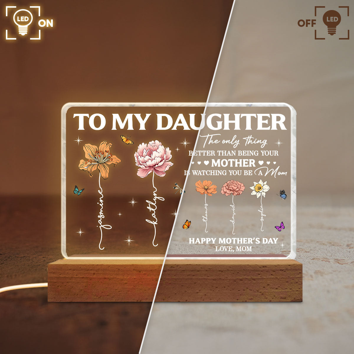 To My Daughter Mom And Daughter Custom Birth Month Flowers Kids Names - Personalized Acrylic Block LED Night Light - Mother's Day Gift For Daughter