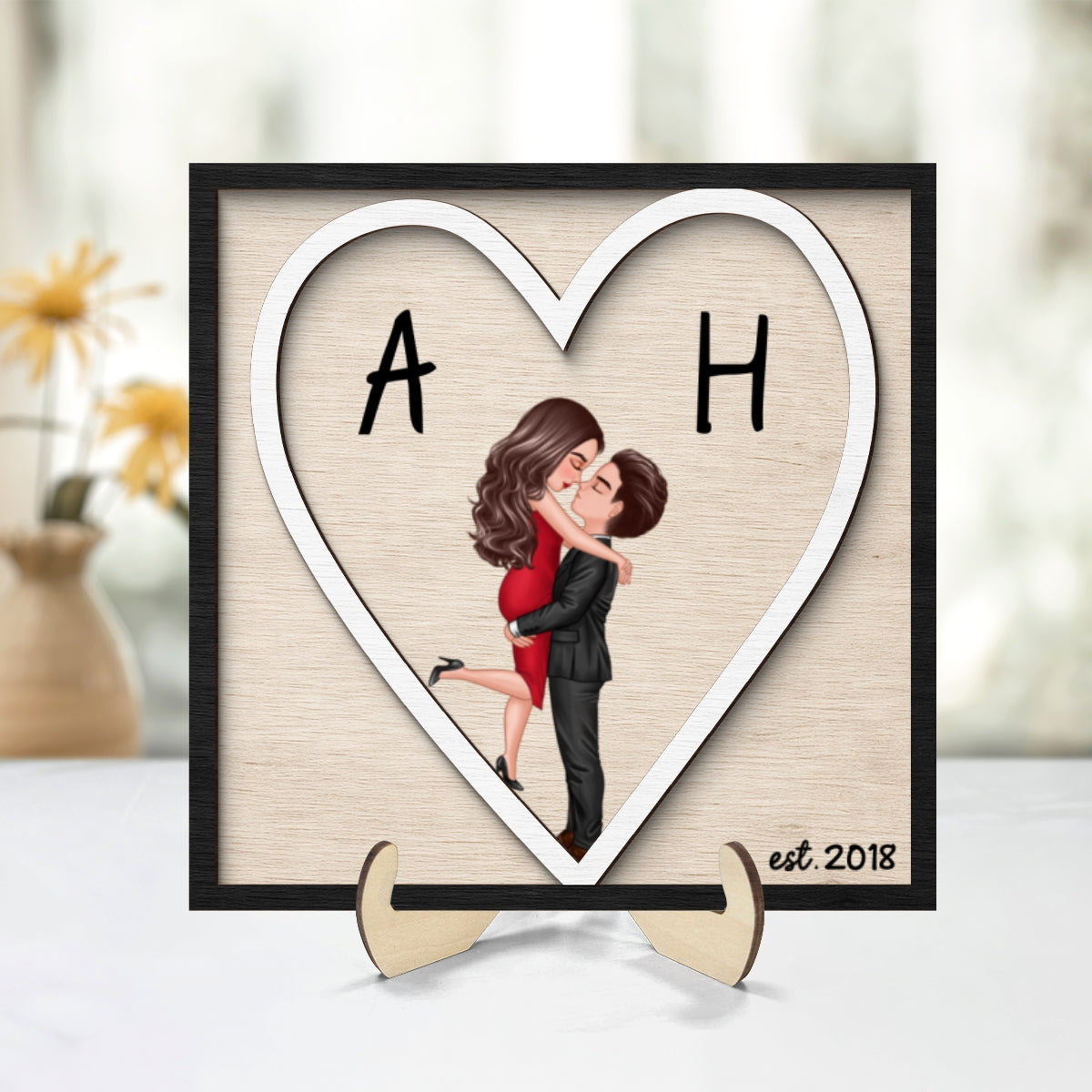 Initials Heart Sign - Personalized 2-Layered Wooden Plaque - Gift for Couple