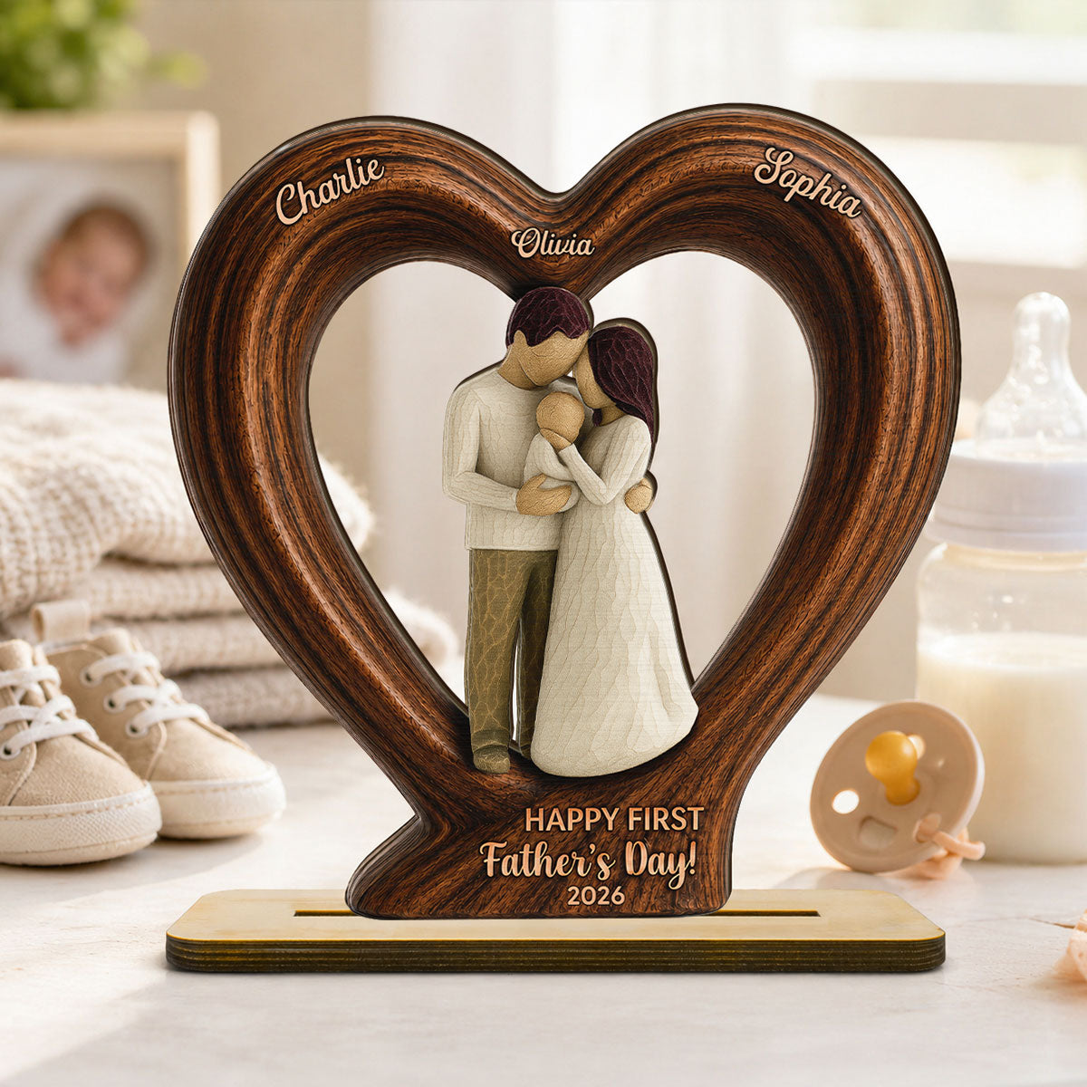 Happy First  Dad From Mom And Baby 2D Flat Heart - Personalized 2-Layered Wooden Plaque - Heartfelt  Gift For Husband, New Dad