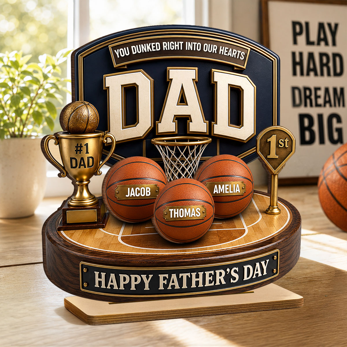 Basketball Trophy You Dunked Right Into Our Hearts - Personalized 2-Layered Wooden Plaque -  Gift For Dad, Husband