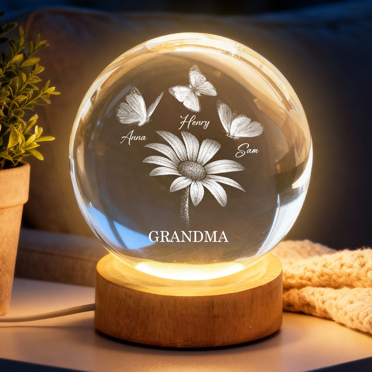 Daisy Flower Butterflies Grandma Grandkids - Personalized Crystal Ball LED Night Light - Mother's Day Gift For Grandma