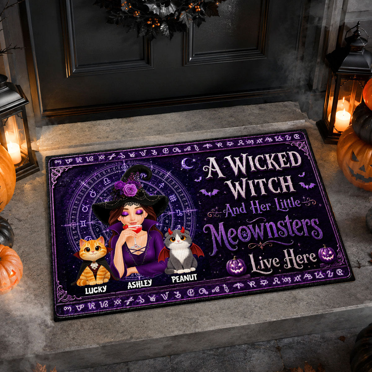 A Wicked Witch And Her Little Meownsters Live Here - Personalized Doormat - Halloween Decor Gift, Gift For Cat Lovers