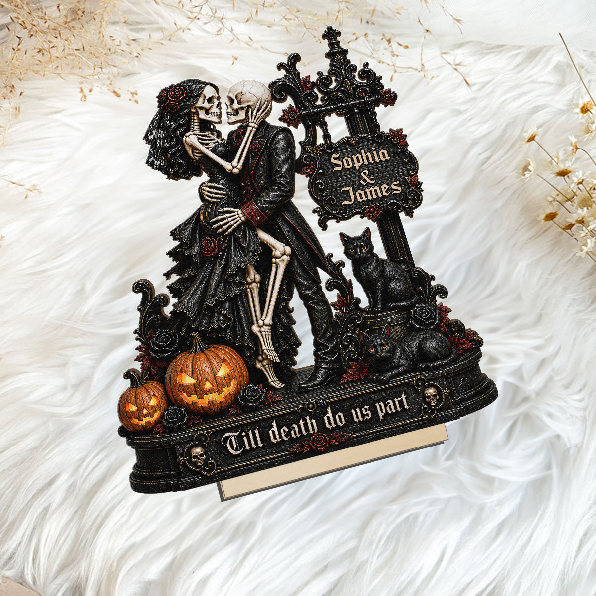 Skeleton Couple Kissing Under Sign Post 2D Flat - Personalized 2-Layered Wooden Plaque - Halloween Decor For Couple