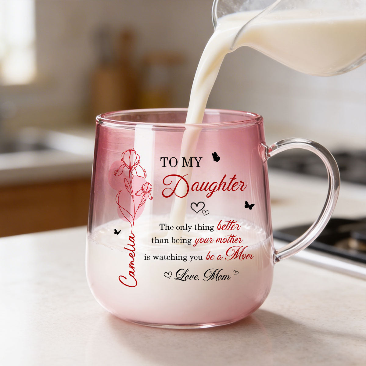 Watching You Be a Mom - Personalized Glass Mug - Custom Birth Month Flower, Heartfelt Mother's Day Gift for Daughter