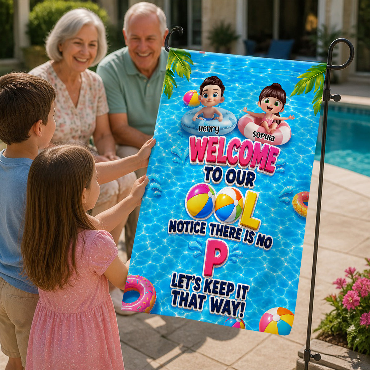 Notice There Is No "P" In The Pool - Personalized Garden Flag - Gift For Kids, Grandparents, Summer Decorations