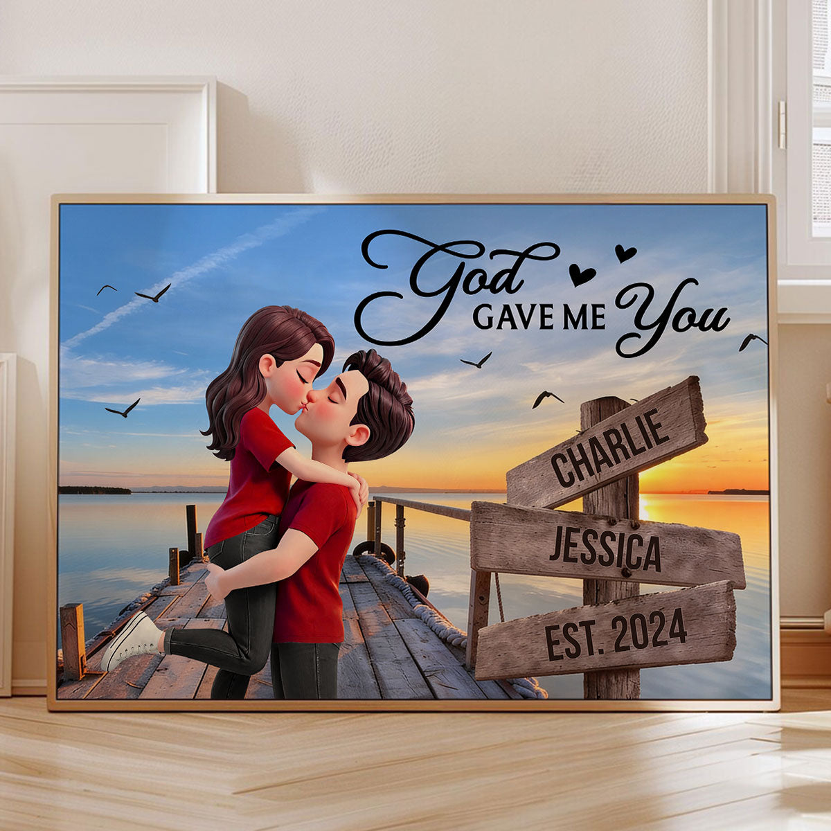 Eternal Love Couple Sitting At Lake Dock Sign Posts - Personalized Poster - Heartfelt Valentine, Anniversary Gift For Him, For Her