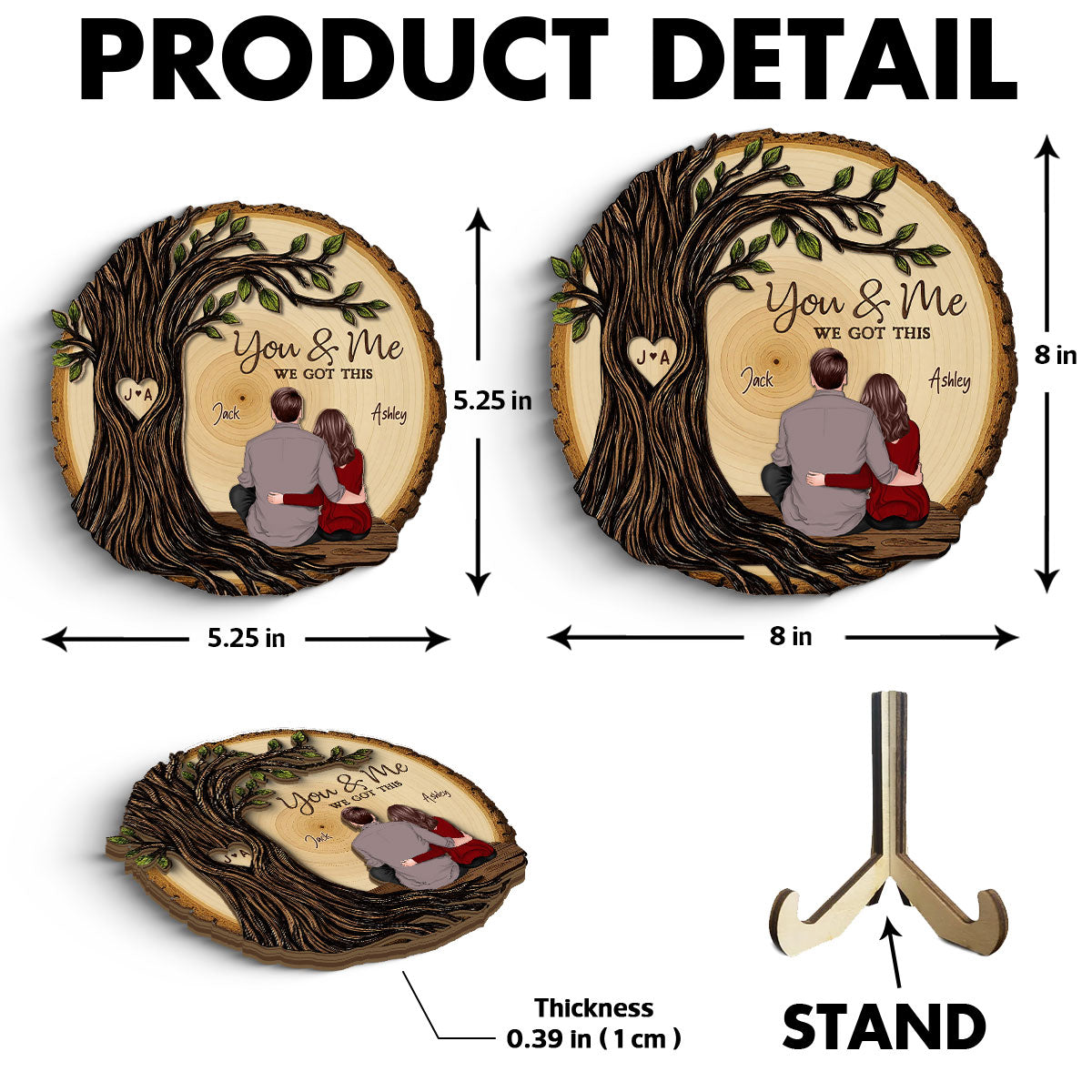 Couple Sitting Back View Under Heart Carved Tree - Personalized 2-Layered Wooden Plaque - Valentine's Day Gift For Couple