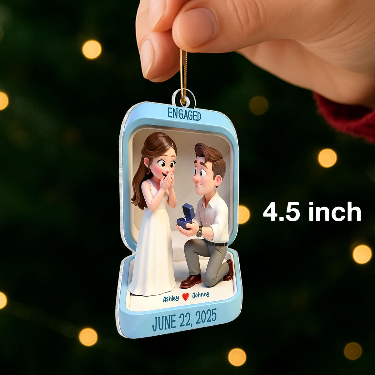 Cute Cartoon Couple 1st Christmas Engaged - Personalized Acrylic Ornament - Proposal Keepsake