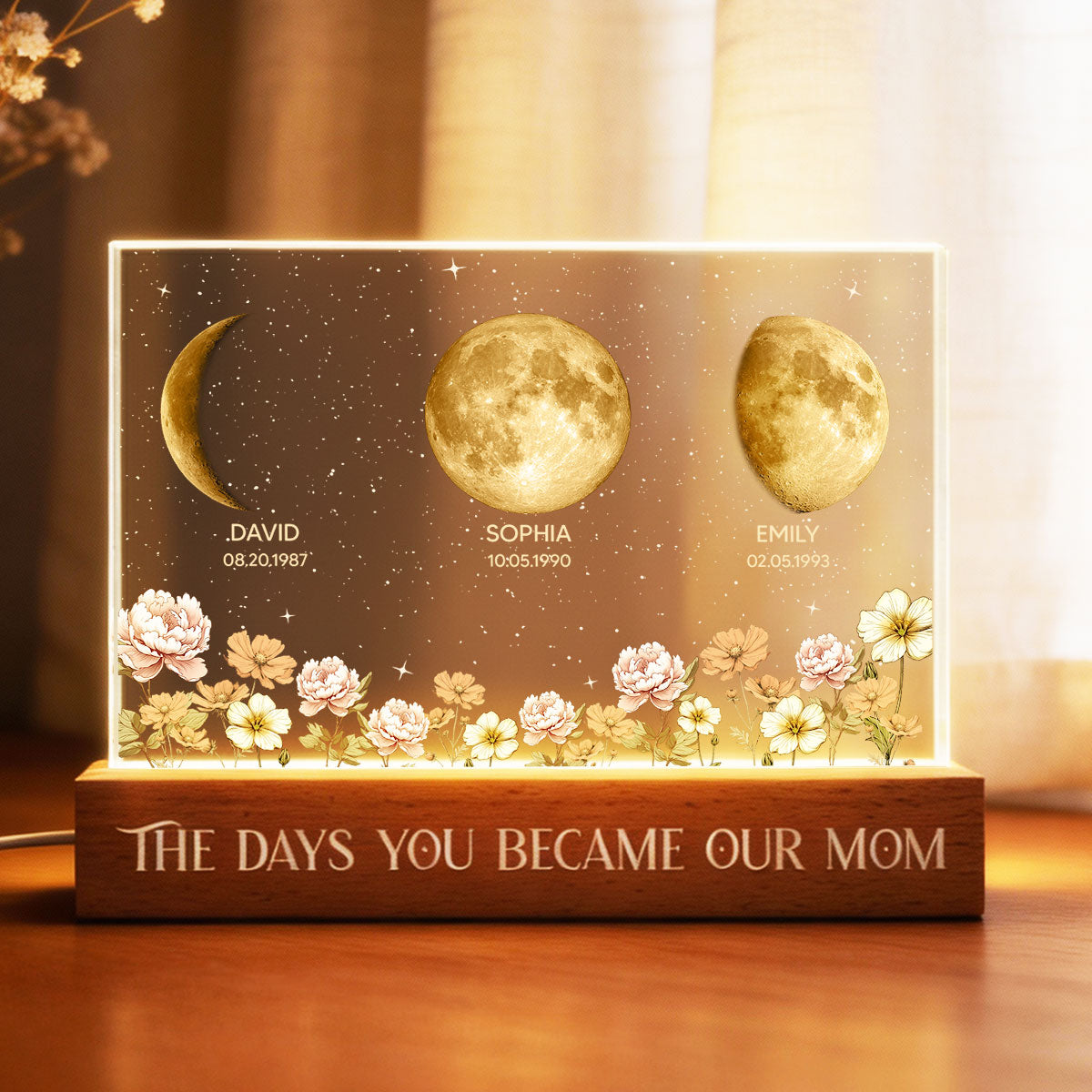 The Day You Became Our Mom Custom Moon Phase by Date - Personalized Acrylic Block LED Night Light, Custom Birth Flowers