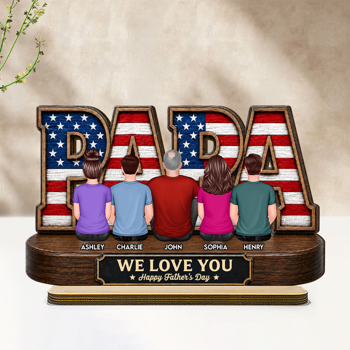 Proud Papa Grandpa Nation Flag Grandpa Dad And Kids - Personalized 2-Layered Wooden Plaque -  Gift For Dad, Husband