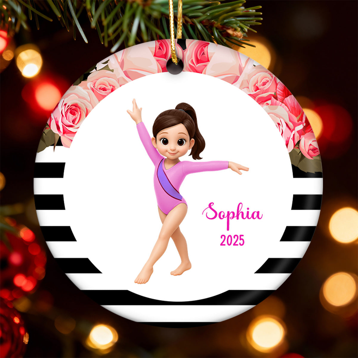 Floral Frame Gymnastic Girl - Personalized Ceramic Ornament - Gymnast Gift For Daughter, Granddaughter