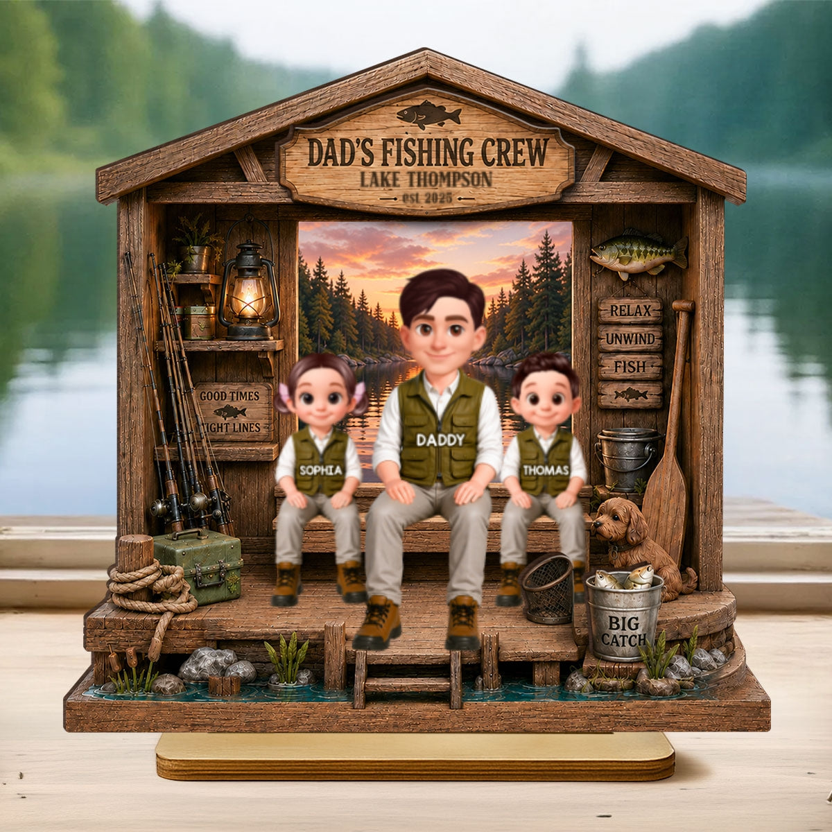 Daddy's Fishing Crew - Personalized 2-Layered Wooden Plaque -  Gift for Dad, Husband