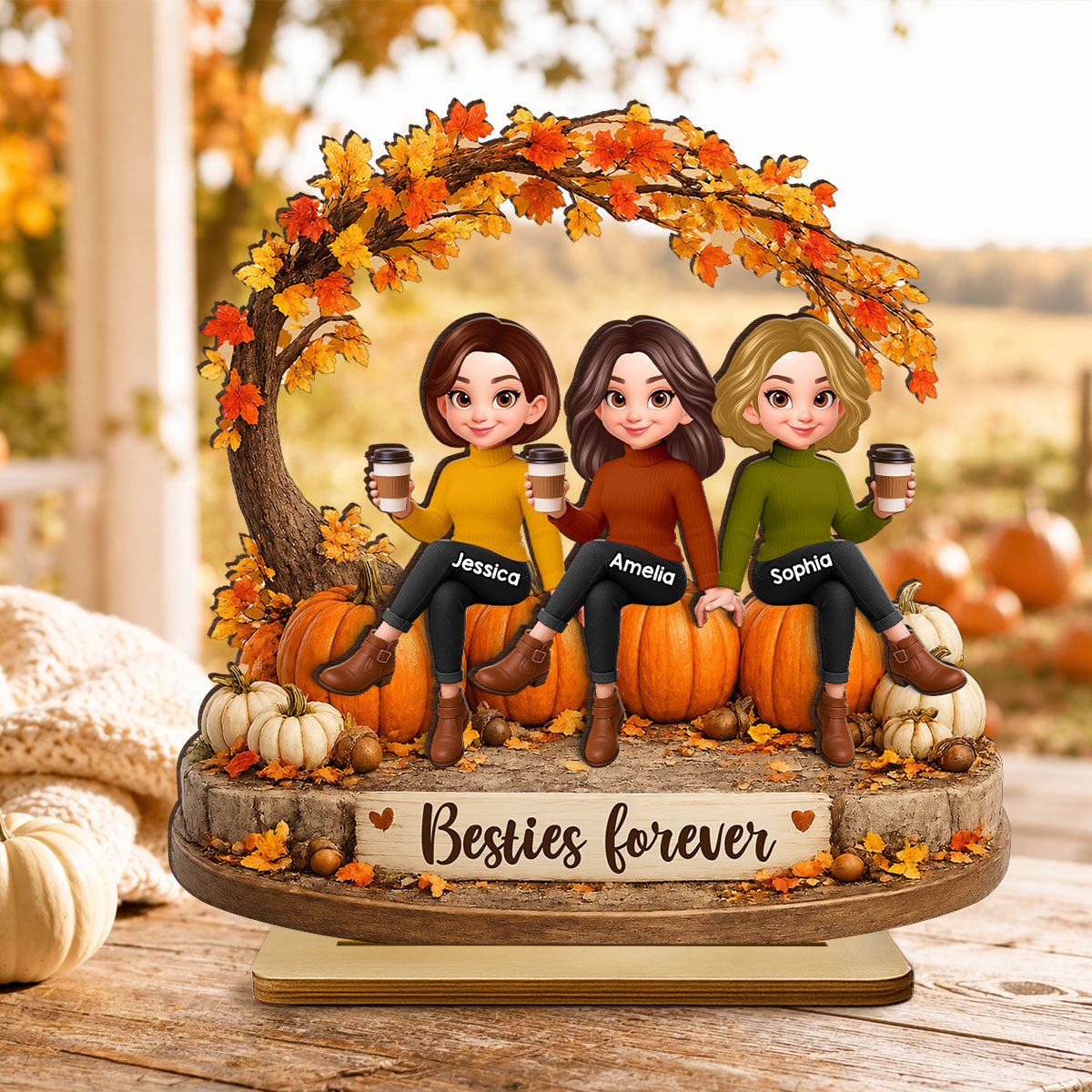 Cozy Autumn Besties Forever - Personalized 2-Layered Wooden Plaque - Fall Season Gift For Besties