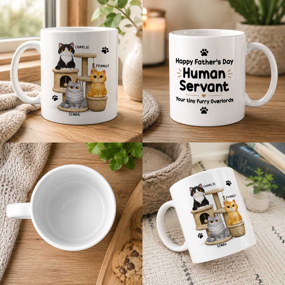 Happy Father's Day Human Servant Cats On Cat Tree - Personalized Mug - Father's Day Gift For Cat Dad