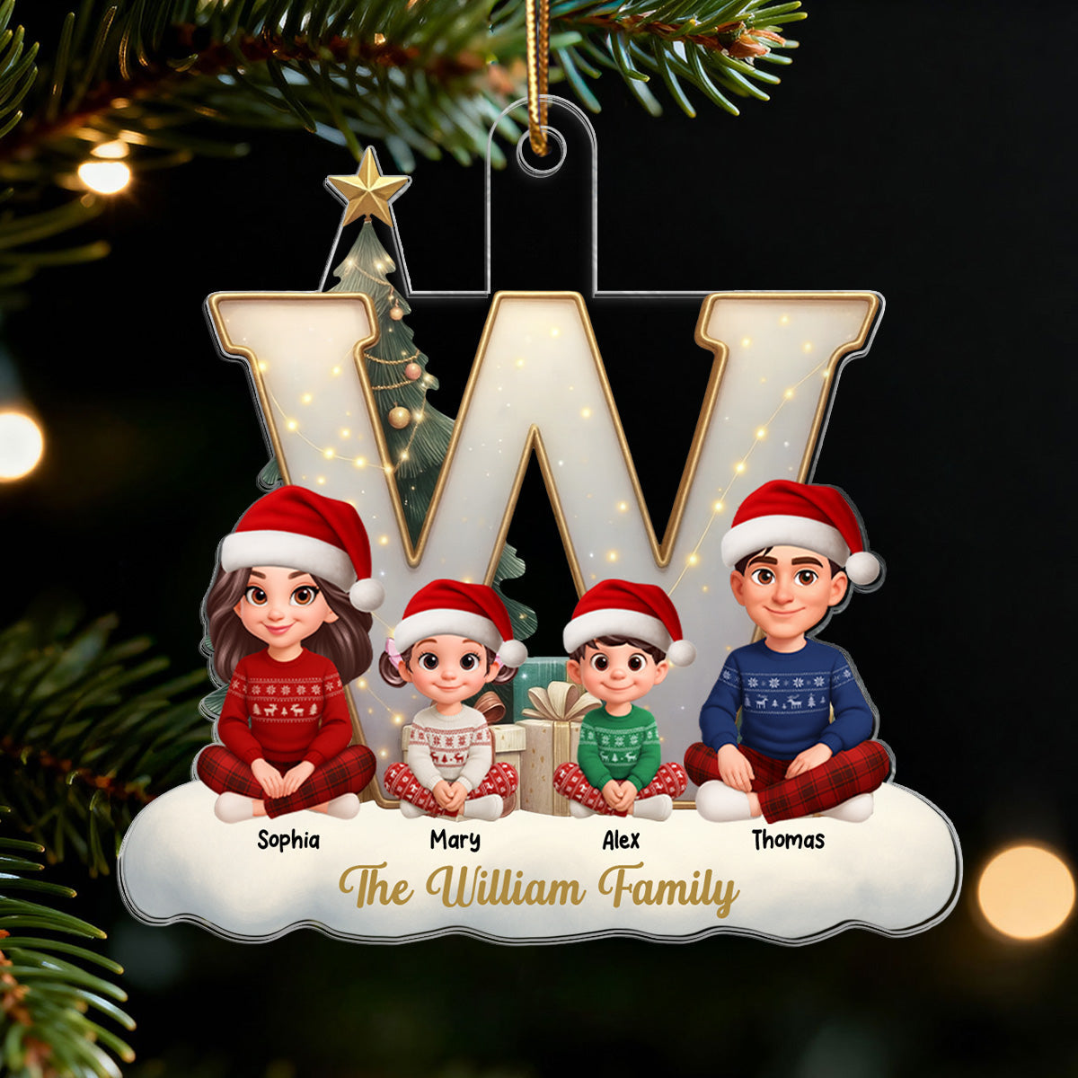 3D Effect Christmas Family Name Initial Beautiful Family Together - Personalized Acrylic Ornament - Gift For Family