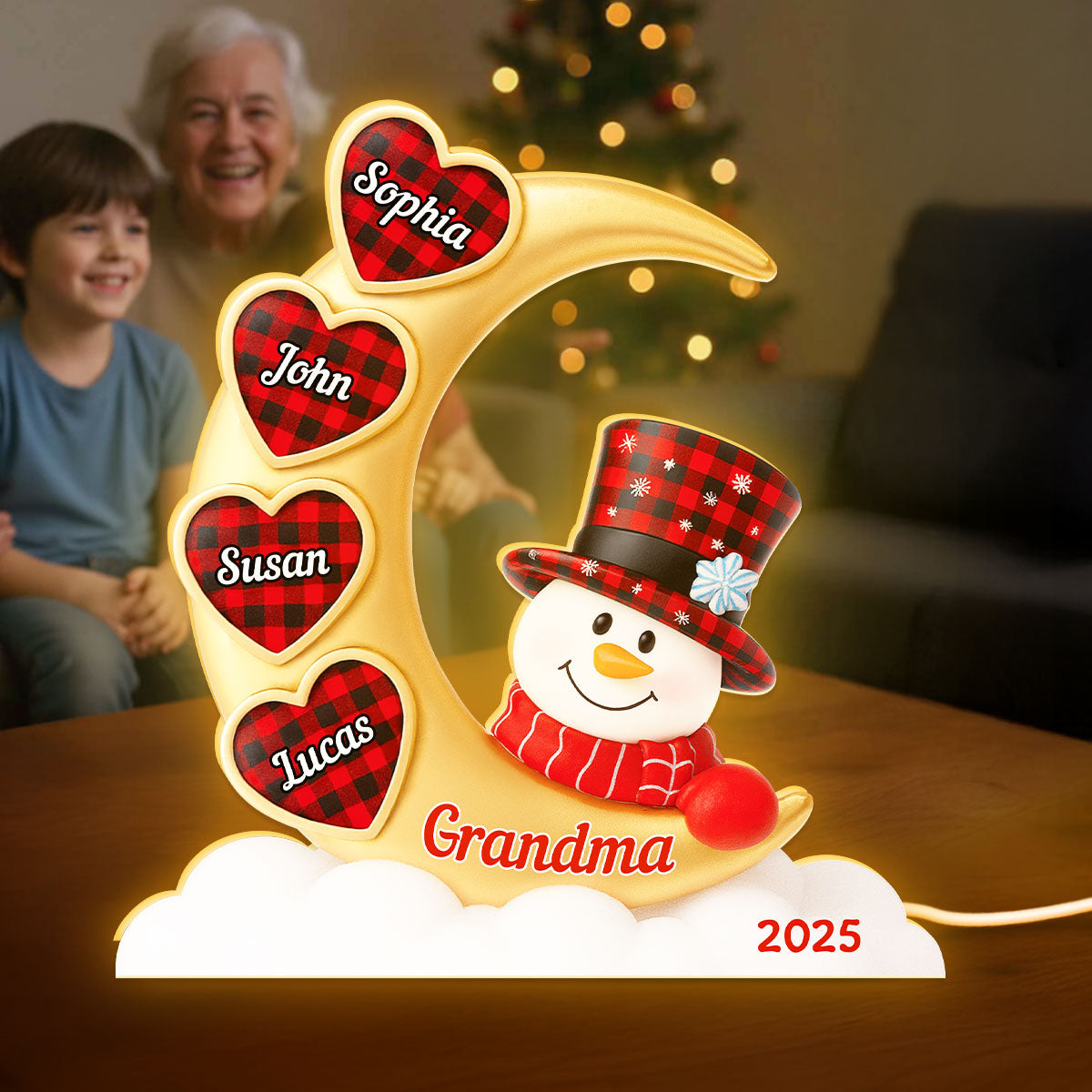 Snowman Grandma And Grandkids On Moon - Personalized Light box - Perfect Christmas Gift for Grandma