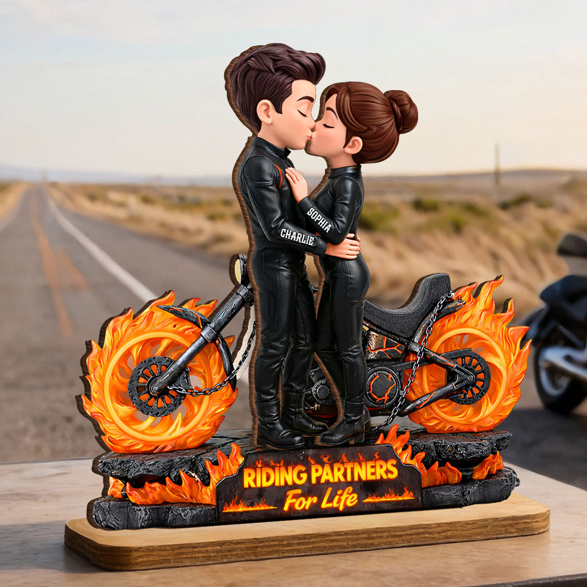 Biker Couple Fire - Personalized 2-Layered Wooden Plaque - Sentimental Gift for Her, for Him