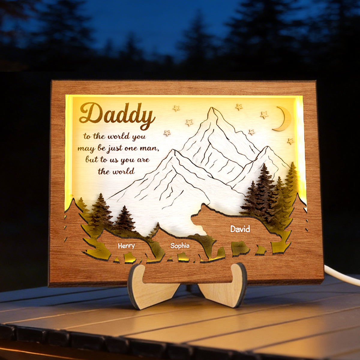 Daddy to Us You Are the World - Personalized 2-Layered Wooden Plaque LED Night Light - Sentimental Gift for Dad, Husband
