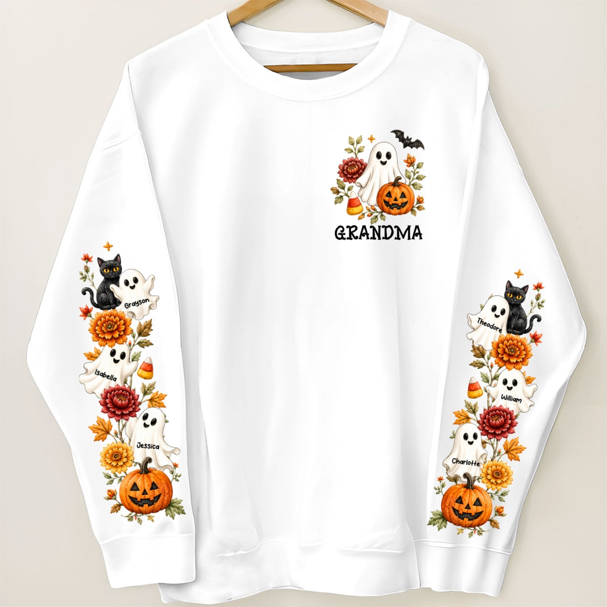 Retro Vintage Floral Grandma Boo Crew - Personalized Sleeve Printed Sweatshirt - Fall Halloween Gift For Grandma