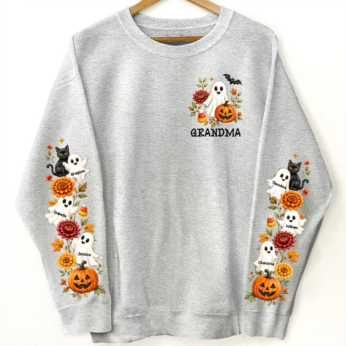 Retro Vintage Floral Grandma Boo Crew - Personalized Sleeve Printed Sweatshirt - Fall Halloween Gift For Grandma