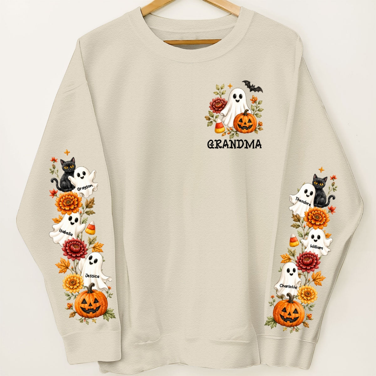 Retro Vintage Floral Grandma Boo Crew - Personalized Sleeve Printed Sweatshirt - Fall Halloween Gift For Grandma