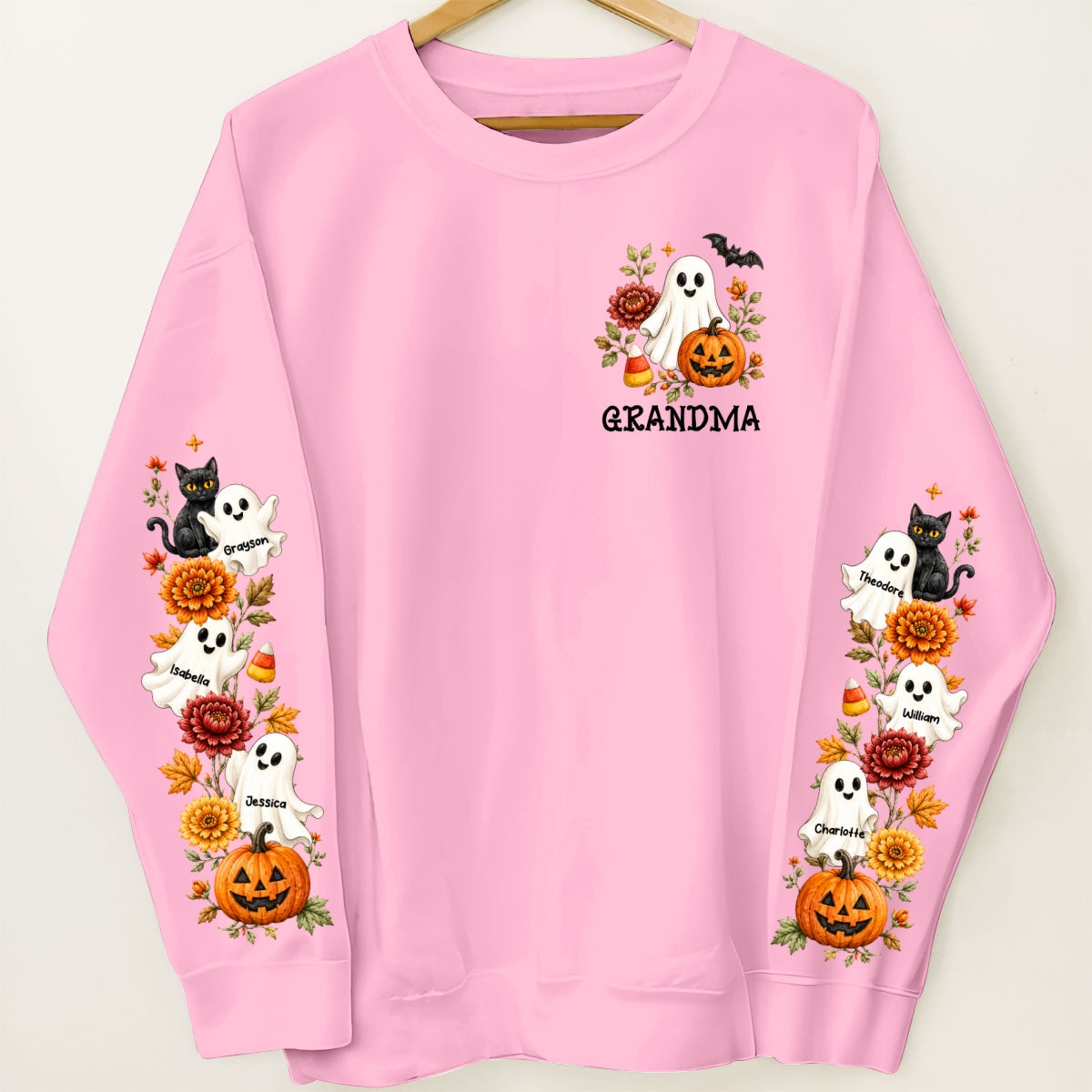 Retro Vintage Floral Grandma Boo Crew - Personalized Sleeve Printed Sweatshirt - Fall Halloween Gift For Grandma