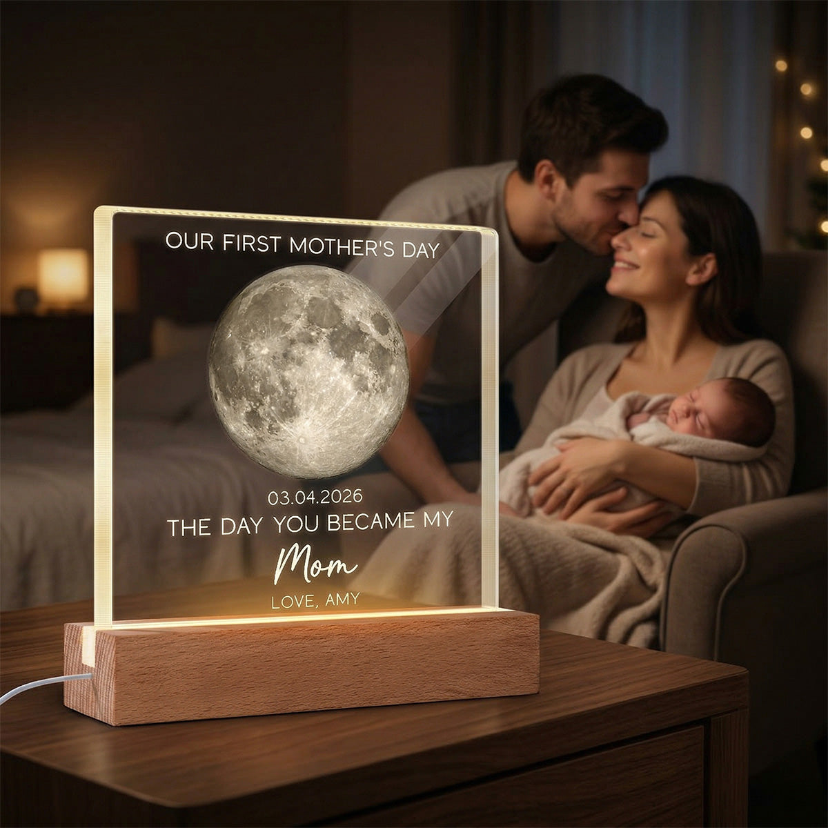The Day You Became My Mom Custom Moon Phase First Mother's Day - Personalized Acrylic Block Plaque LED Night Light - First Mother's Day Gift For New Mom