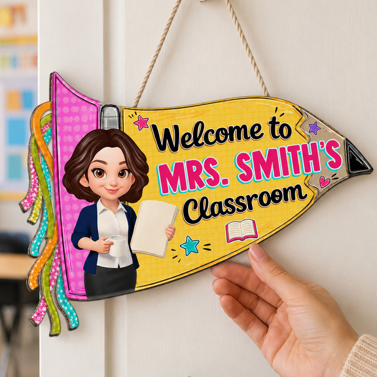 Pencil Pennant Flag Welcome To Teacher Classroom - Personalized Door Hanger