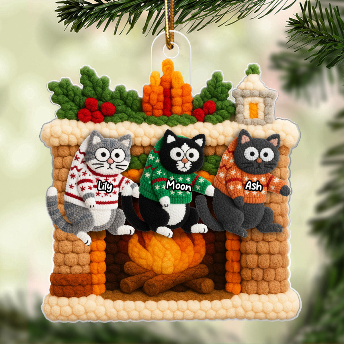 Cat Hanging on Christmas Mantel Fireplace Latch Hook Yarn Faux - Personalized Acrylic Ornament - Christmas Gift for Cat Lovers