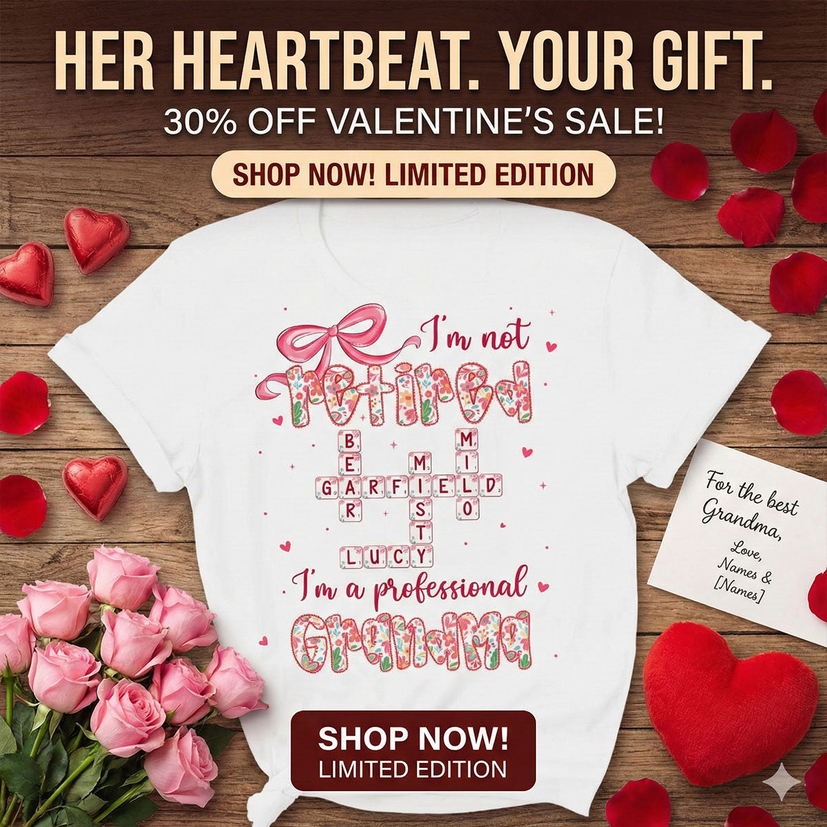 Coquette Not Retired Professional Grandma Crossword Art - Personalized Shirt - Gift For Grandma, Funny Shirt For Grandma