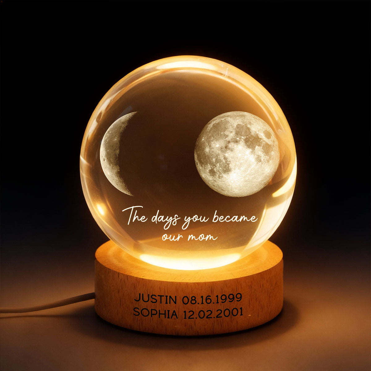 The Day You Became My Mom Engraved Wooden Base - Personalized Crystal Ball LED Night Light - Sentimental Gift for Mom