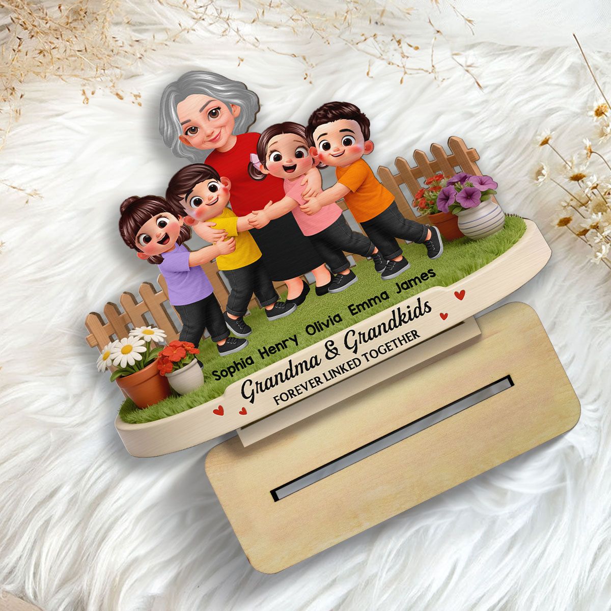 Grandma And Grandkids Happy Together In Backyard - Personalized 2-Layered Wooden Plaque - Gift For Grandma